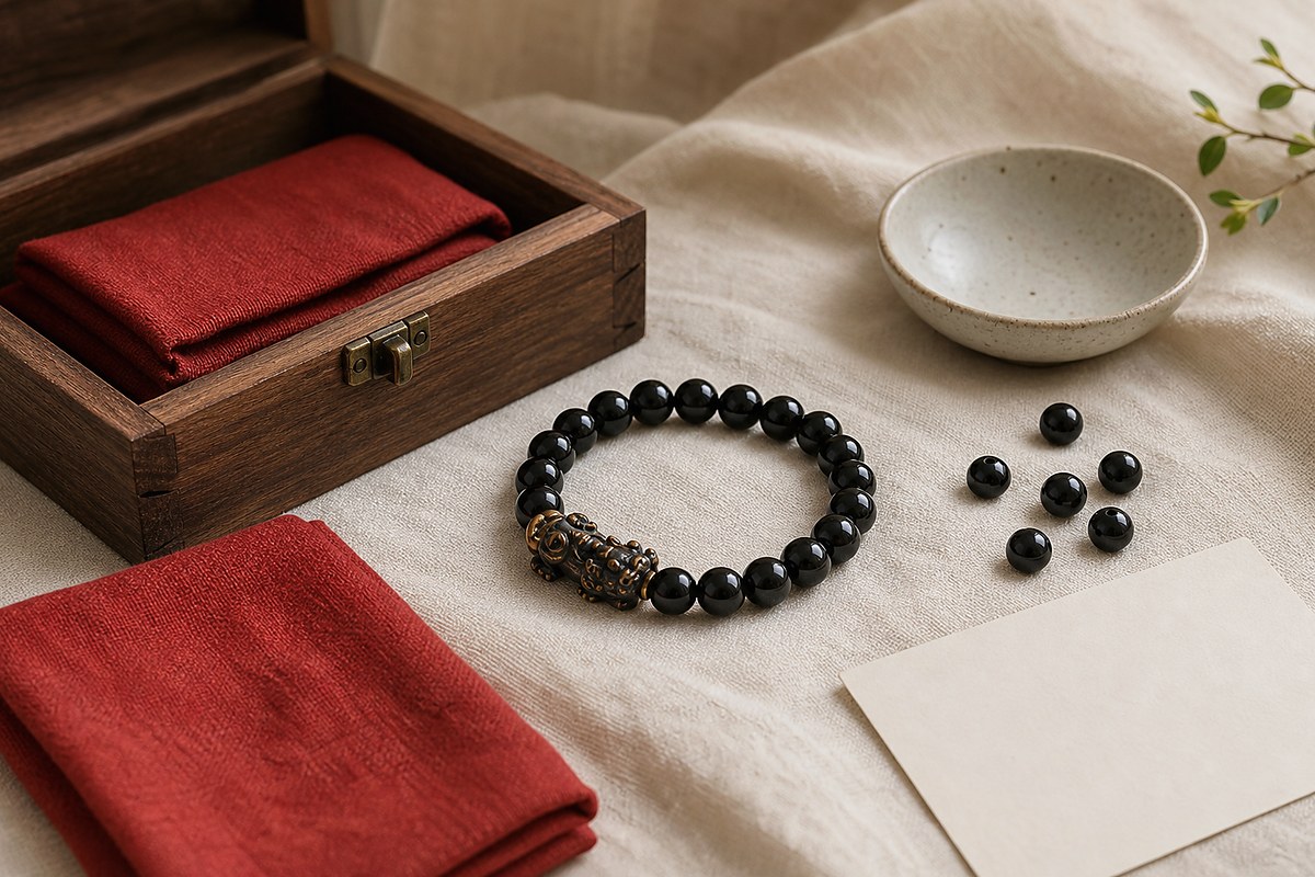 Black Pixiu bracelet with loose beads, red cloth, wooden box, and blank intention card
