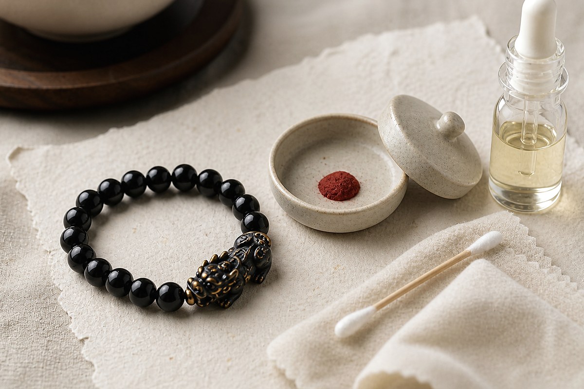 Black Pixiu bracelet beside a tiny cinnabar-red dish, tea oil bottle, cotton swab, and soft cloth