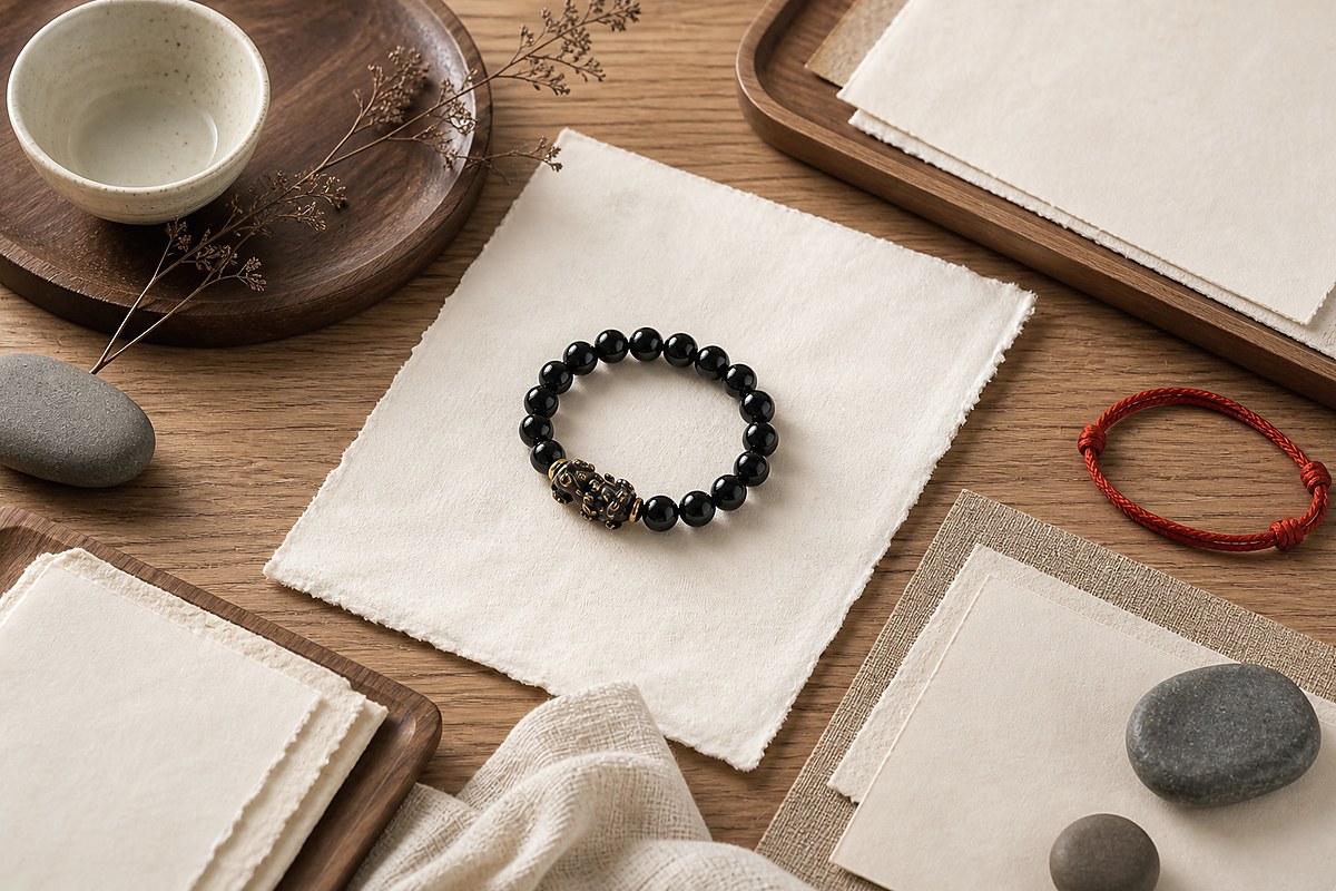 Black Pixiu bracelet with blank handmade papers, red cord, smooth stones, and a ceramic cup