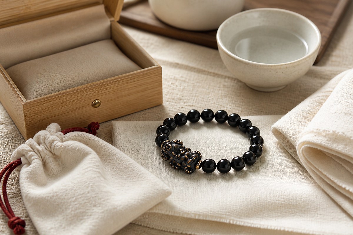 Black Pixiu bracelet beside a soft cloth, cream storage pouch, wooden box, and water bowl