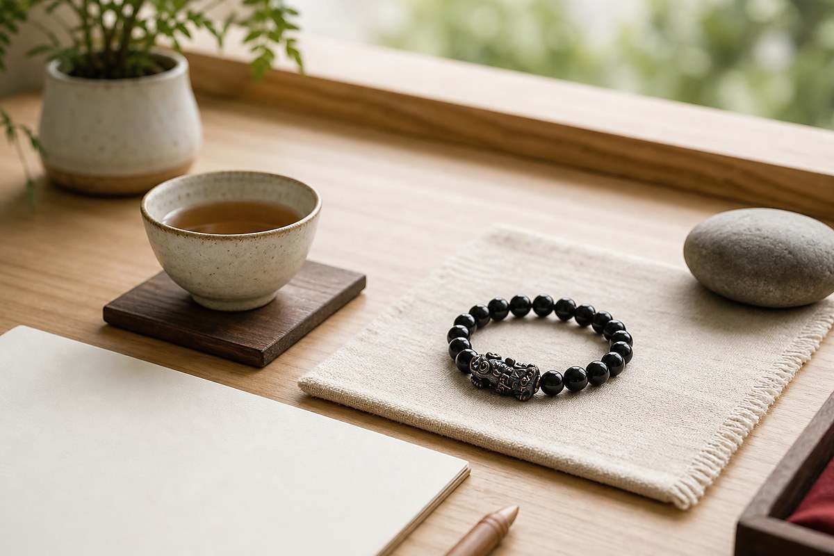 Black Pixiu bracelet placed on a tidy light wood desk facing open space near a window