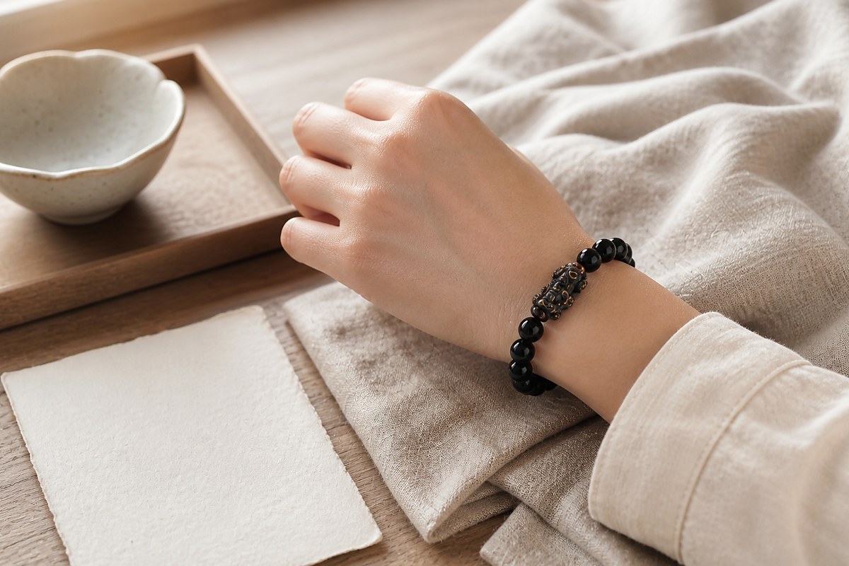 Left wrist wearing a black Pixiu bracelet beside ivory linen and a blank paper card
