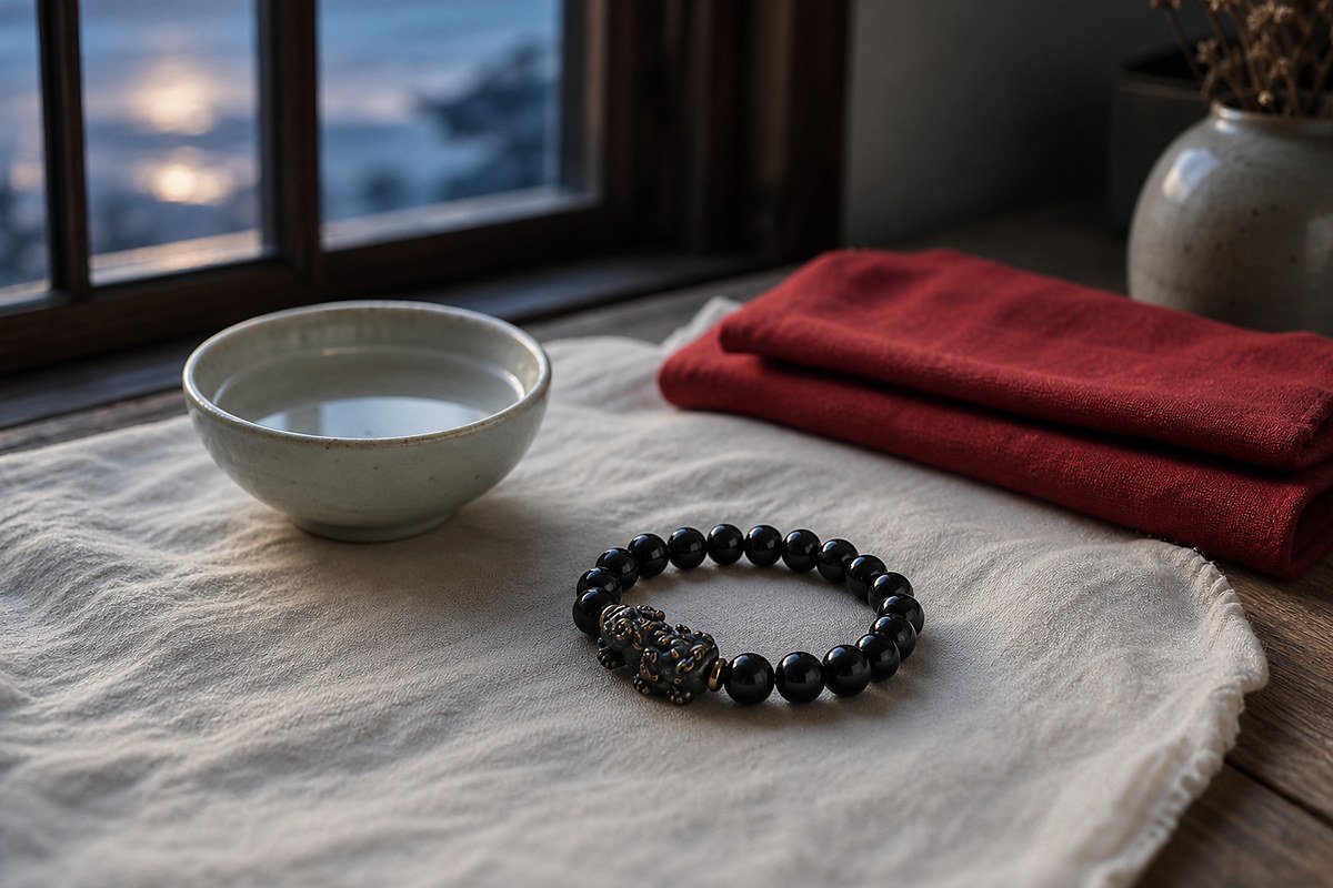 Black Pixiu bracelet on ivory linen near a window with a water bowl and folded red cloth