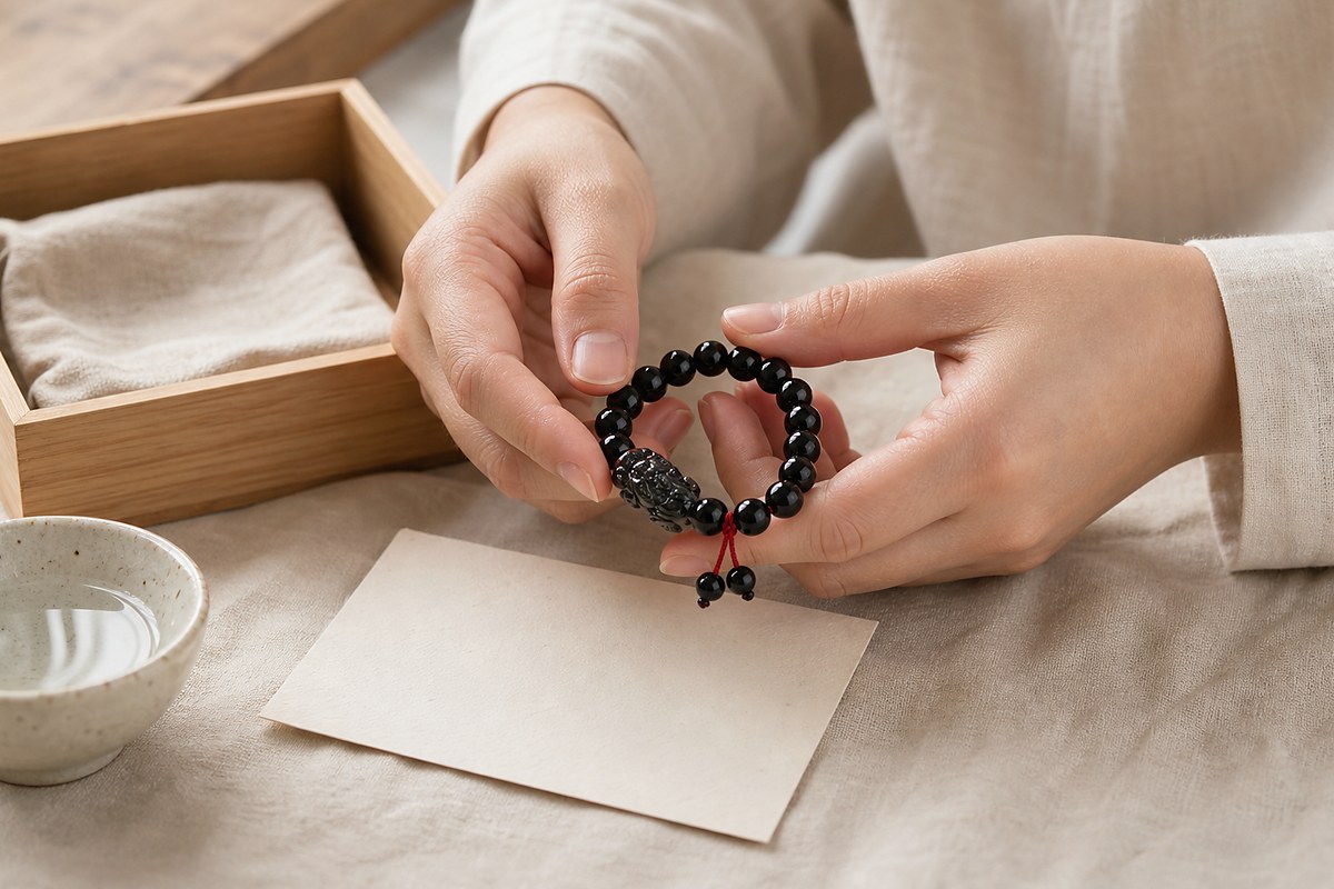 Hands holding a black Pixiu bracelet over ivory linen beside a blank intention card