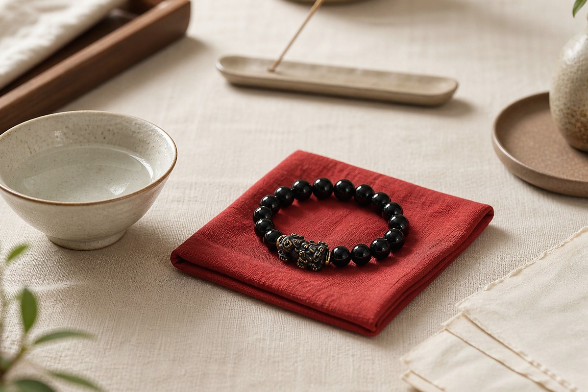 Black Pixiu bracelet on folded red cloth beside a ceramic water bowl and subtle incense holder