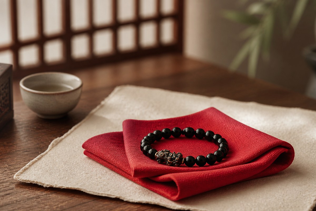 Black Pixiu bracelet partly wrapped in red cloth on a quiet wooden side table