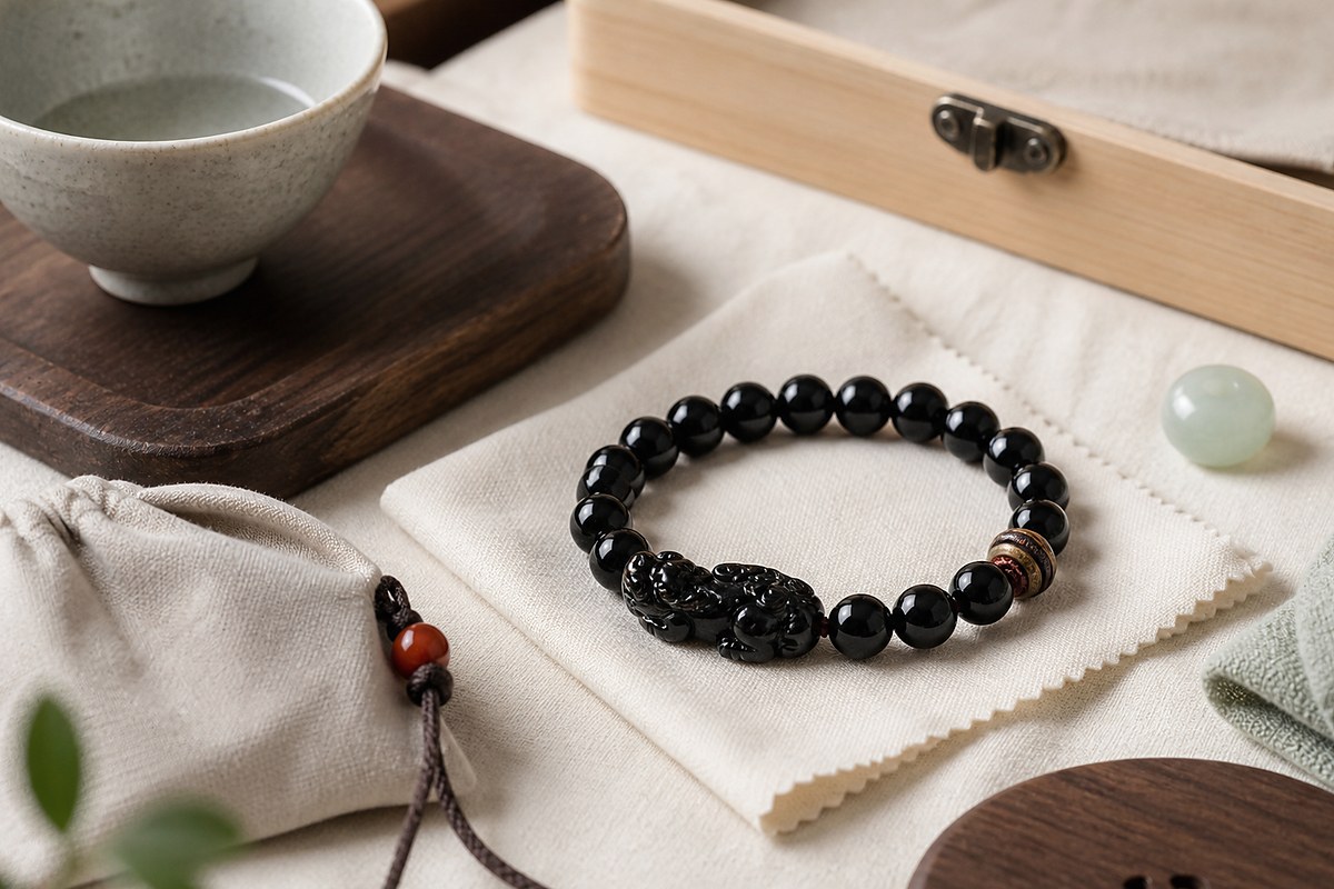 Black obsidian Pixiu bracelet with soft pouch, wood box, cloth, and pale jade bead sample