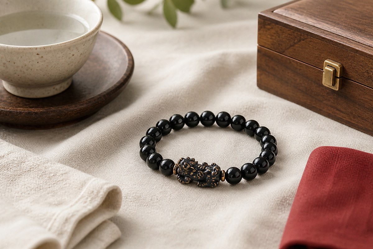 Black Pixiu bracelet on ivory linen with ceramic cup, wooden box, and folded red cloth