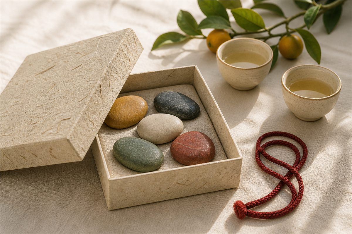 Open handmade paper gift box with five colored stones, red cord, two tea cups and a citrus branch