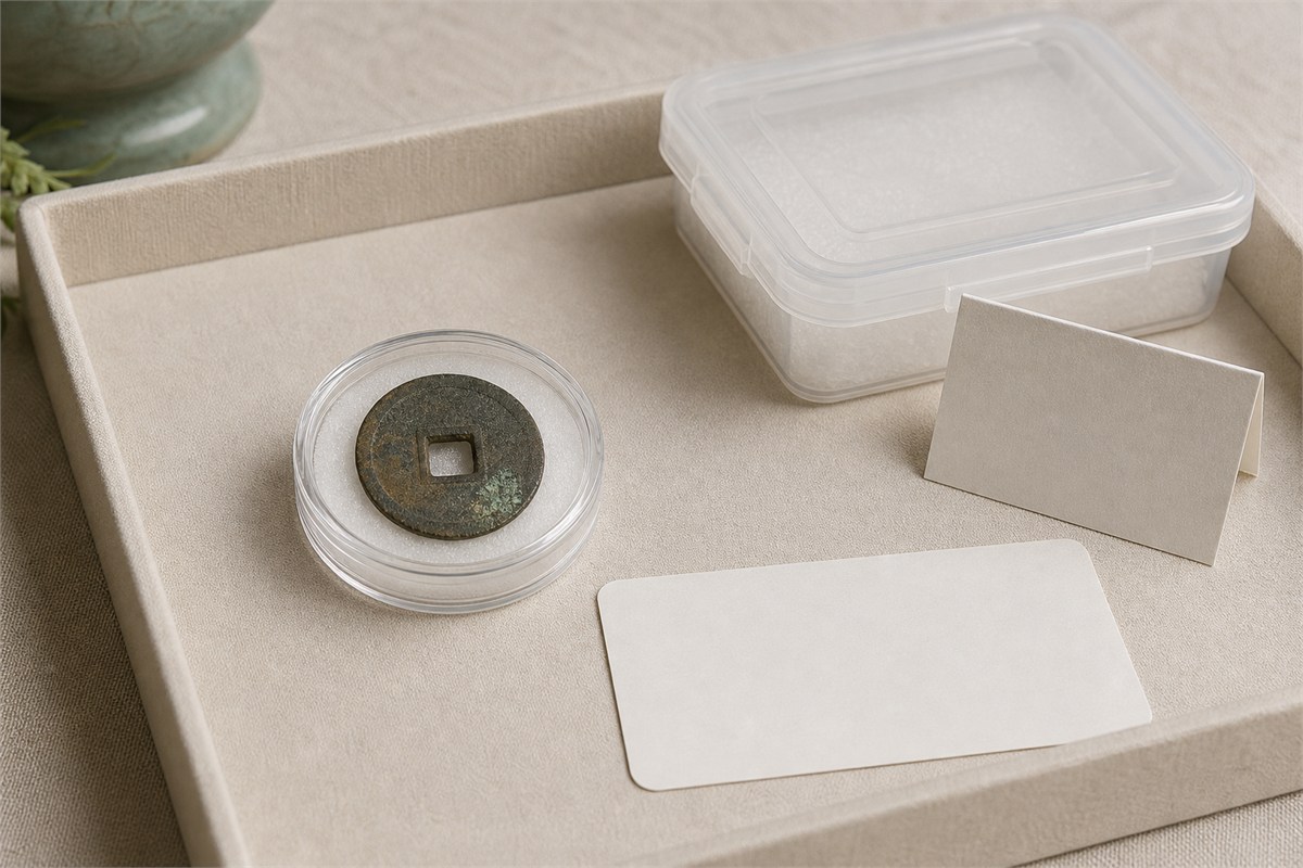 Square-holed study coin with pale green powdery spots isolated in a clear inert capsule
