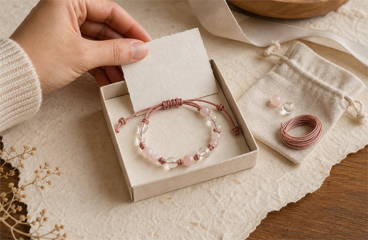 An adjustable rose and clear quartz cord bracelet with spare beads, matching cord, and a blank gift card