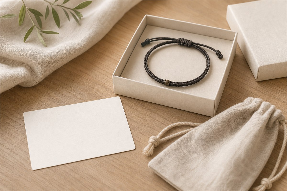 Adjustable dark cord bracelet in an ivory gift box beside a blank exchange card and cloth pouch