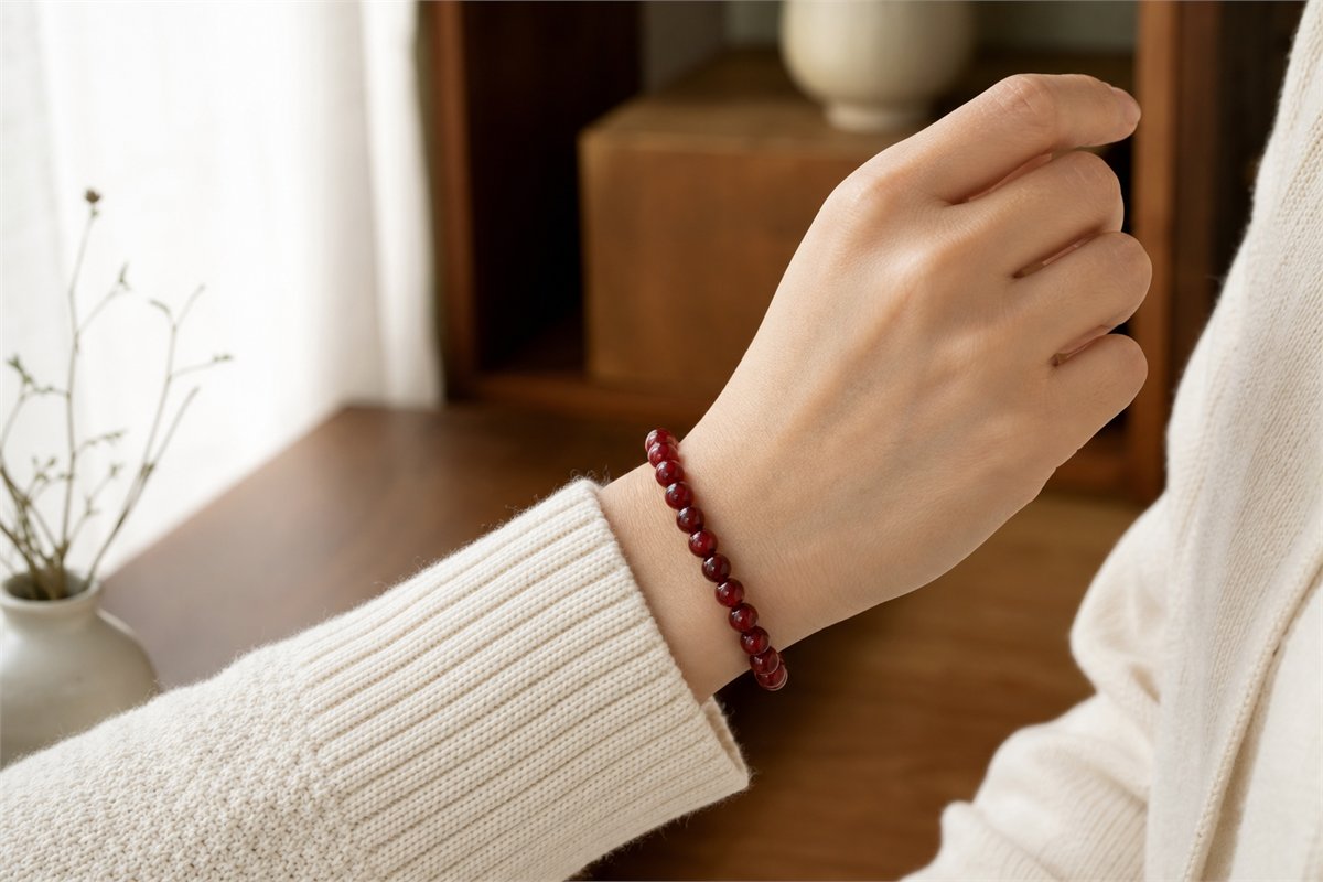 Adult wrist wearing an intact dark red bead bracelet over a cream knit cuff