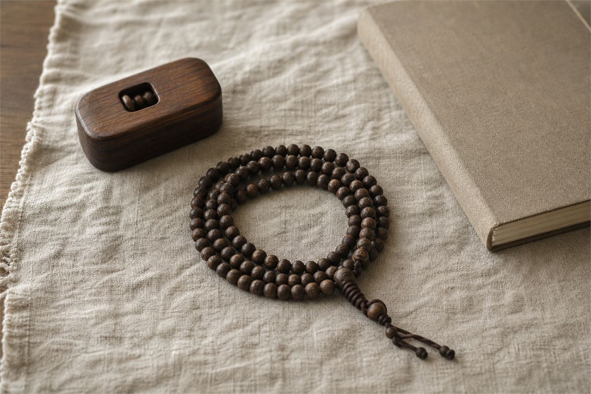 Long agarwood prayer-bead strand coiled respectfully on neutral linen beside a closed blank book