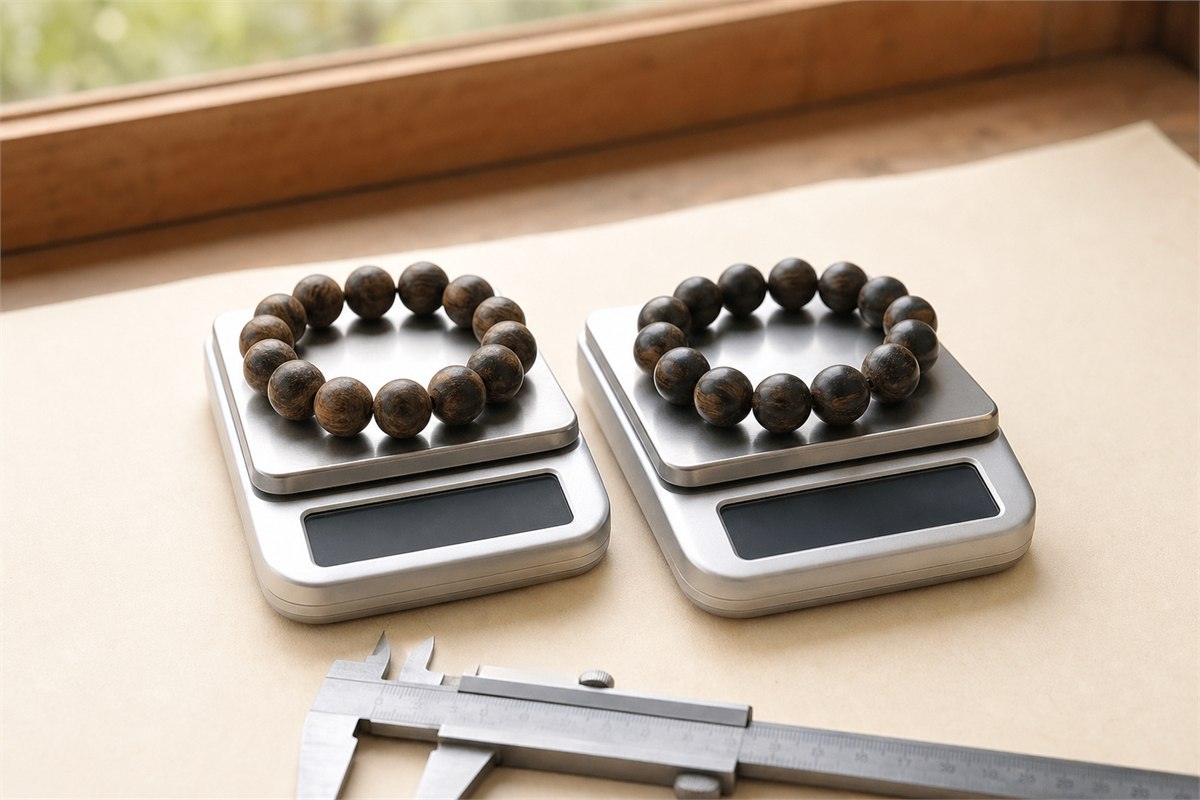 Two equal-size agarwood bead bracelets on separate scales with a caliper nearby