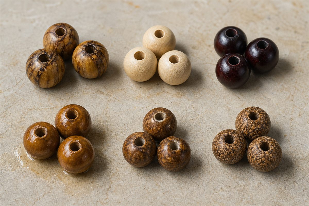 Six separated wood bead groups showing natural grain, pale wood, dye, oily finish, filled pores, and composite texture