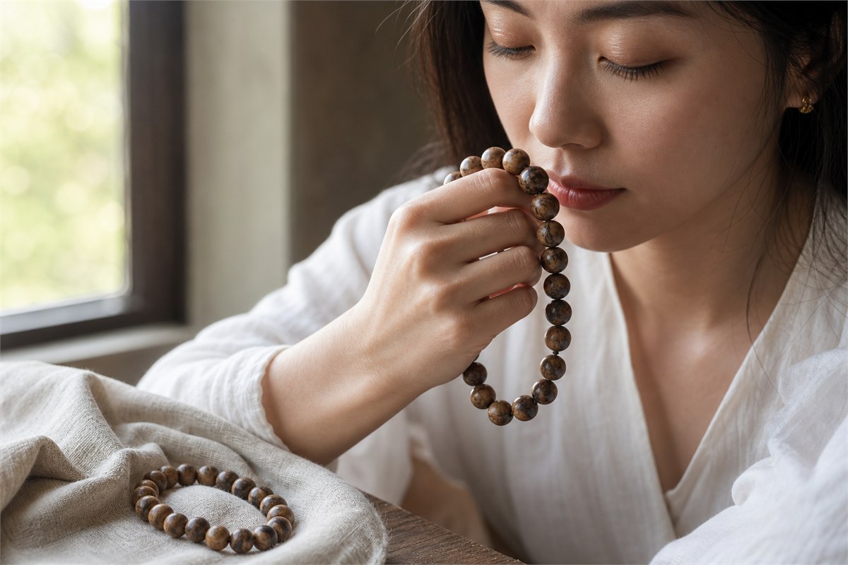 Woman briefly smelling a brown agarwood bead strand beside a second bracelet in natural window light