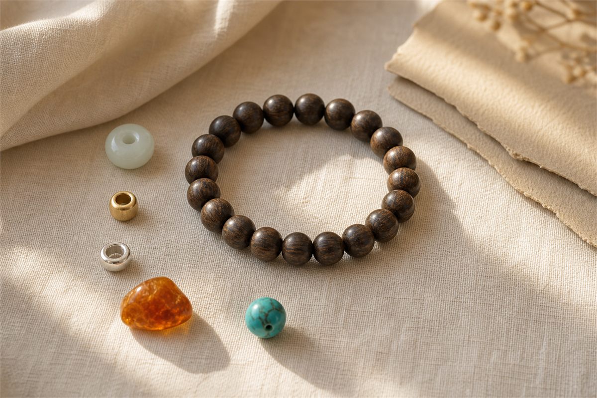 Agarwood bracelet beside separate jade, gold, silver, amber, and turquoise accents on ivory linen