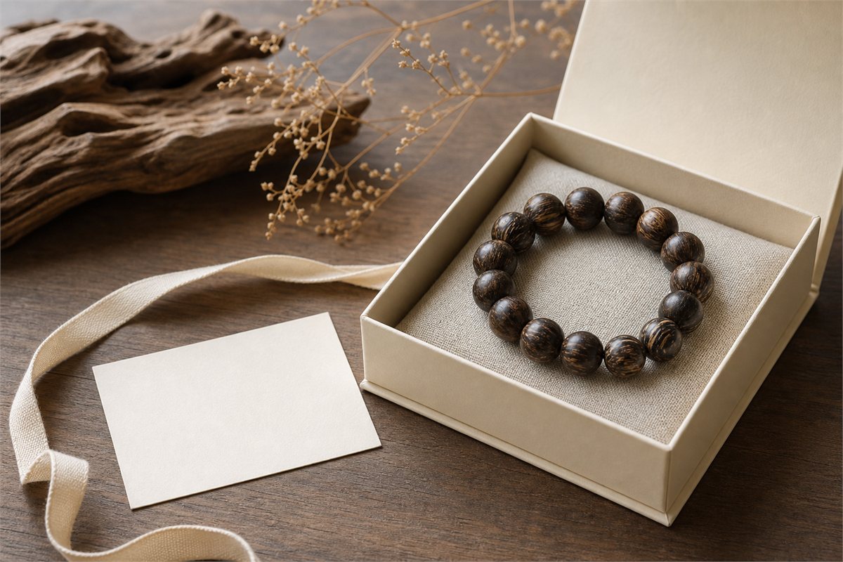 Agarwood bead bracelet in an open ivory paper gift box beside a blank card and cotton ribbon