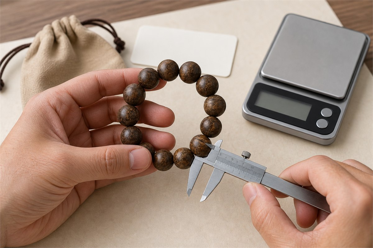 Hands measuring an agarwood bracelet with a caliper beside a small scale and blank product cards