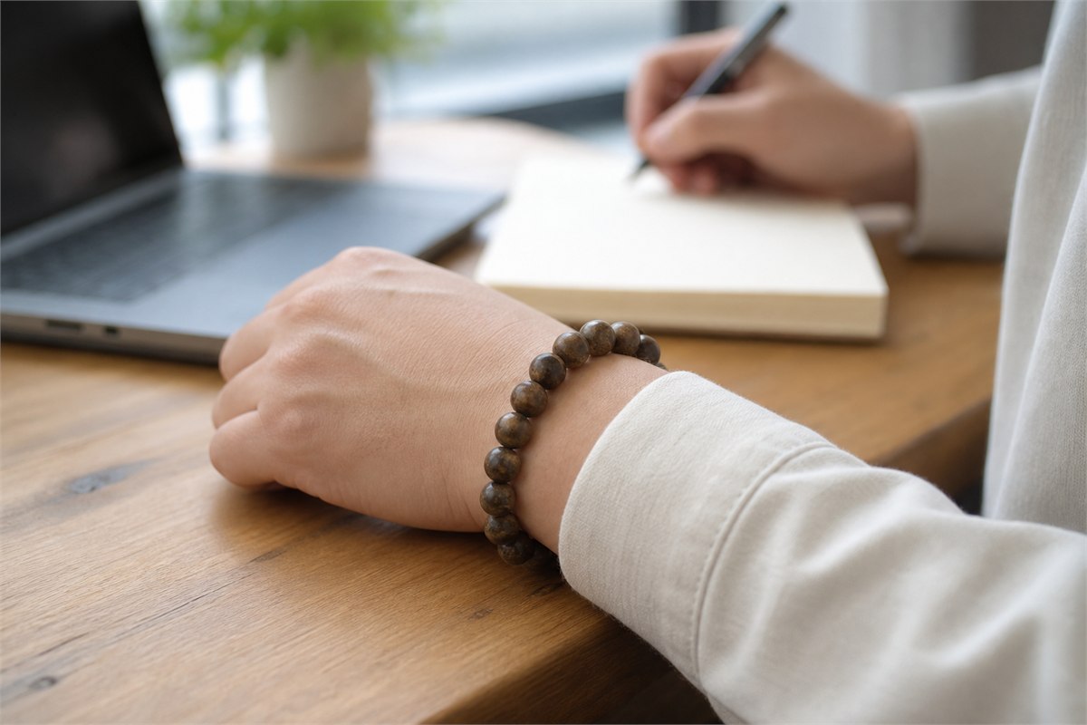 Person working at a desk with an agarwood bracelet worn loosely on the left wrist