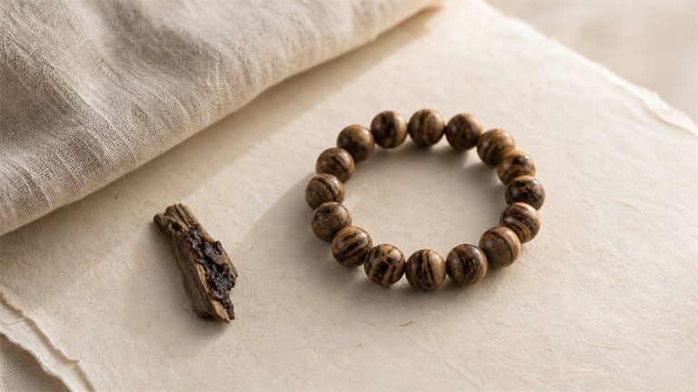 Brown agarwood bead bracelet beside a small resin-bearing wood sample on warm ivory paper