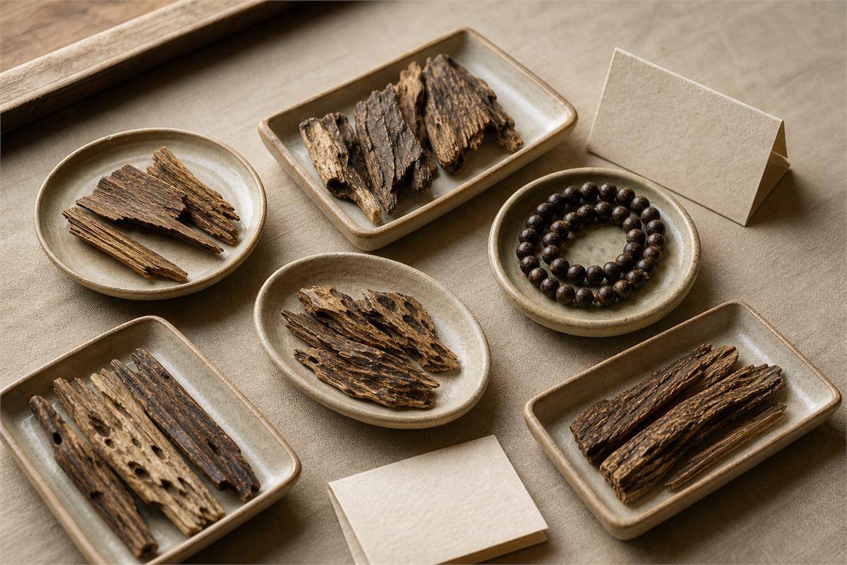 Several agarwood wood samples and a bead strand arranged in separate neutral trays with blank cards