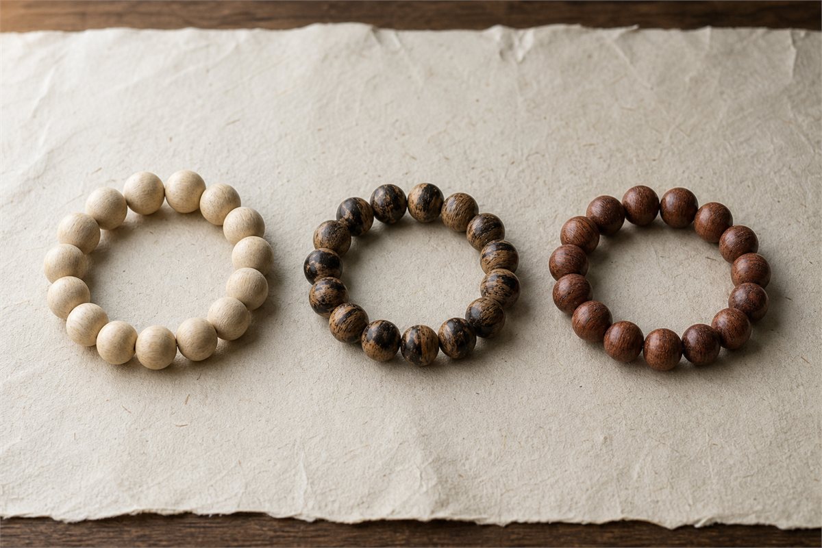 Three bead bracelets showing pale host wood, resin-streaked agarwood, and uniform reddish aromatic wood