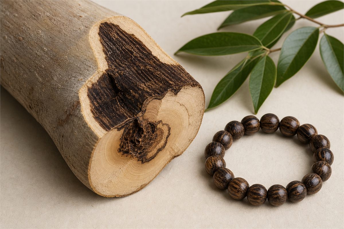 Wood cross-section with localized dark resin formation around an injured area beside an agarwood bracelet