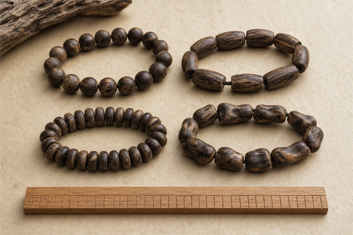 Four agarwood bead strands in round, barrel, abacus, and irregular freeform shapes beside a plain ruler