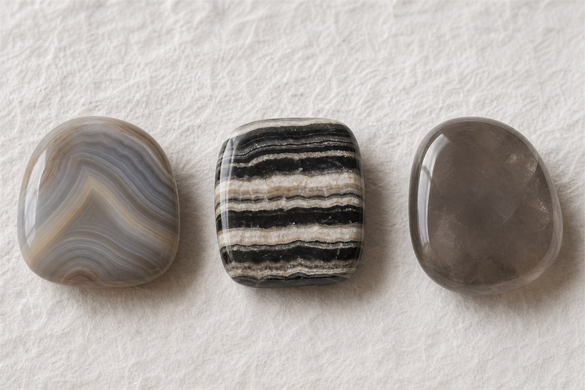 Curved-banded agate, straight parallel-banded onyx, and uniform chalcedony samples arranged side by side