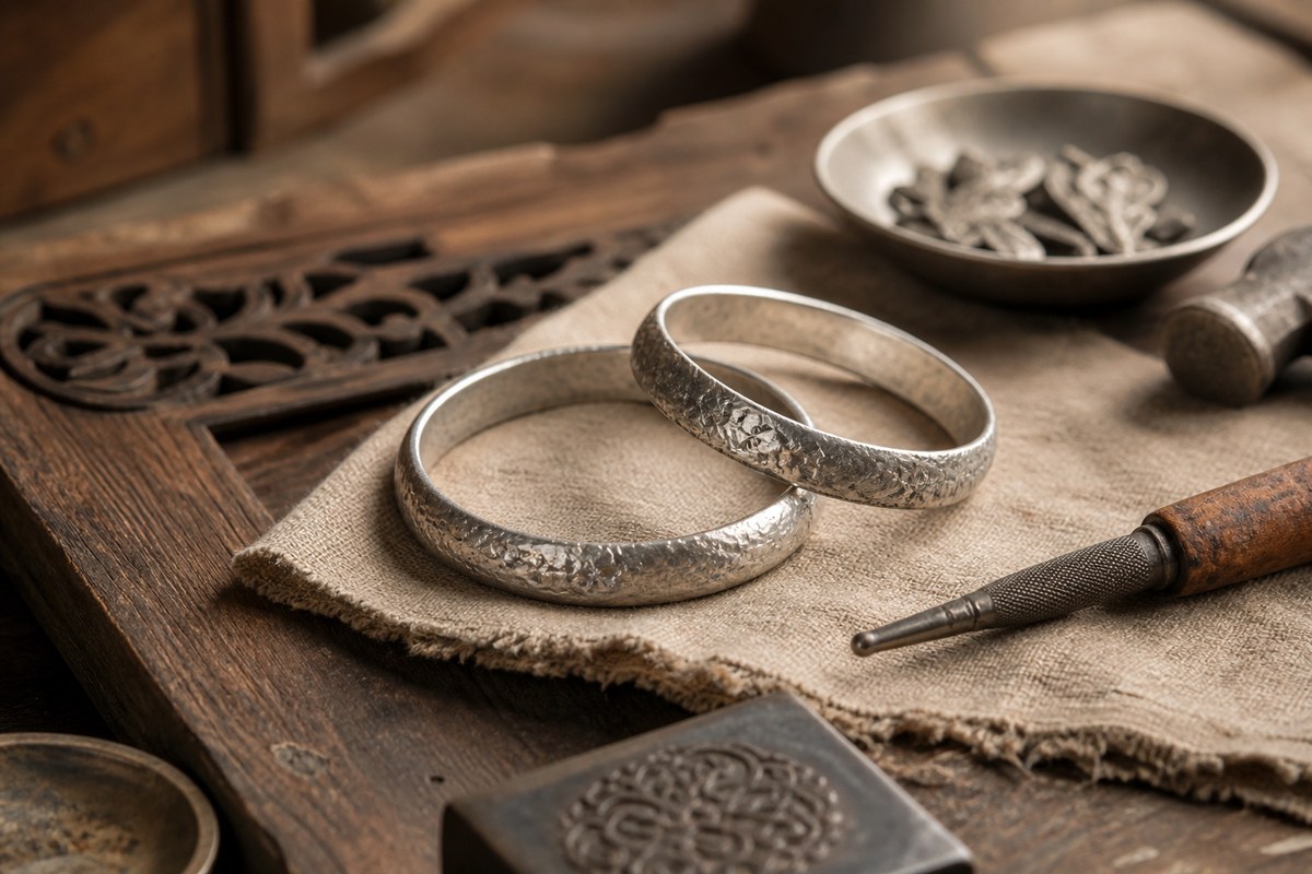 Aged silver bangles with subtle engraved details on an artisan table with tools and warm wood.