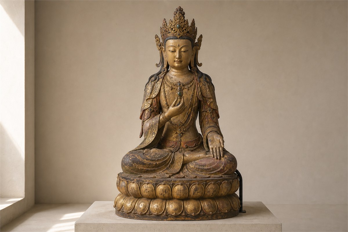 Full-view crowned bodhisattva study sculpture seated on a lotus base
