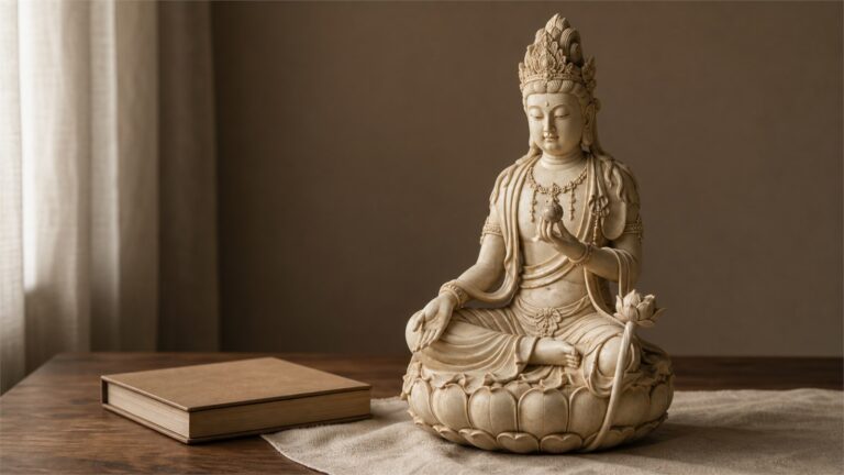 Museum-style study sculpture of Ākāśagarbha seated on a lotus and holding a jewel