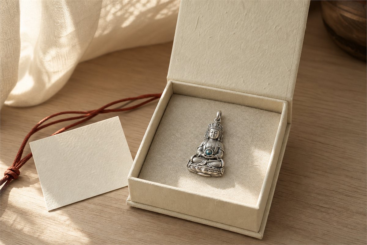 Silver bodhisattva pendant presented in an ivory paper gift box