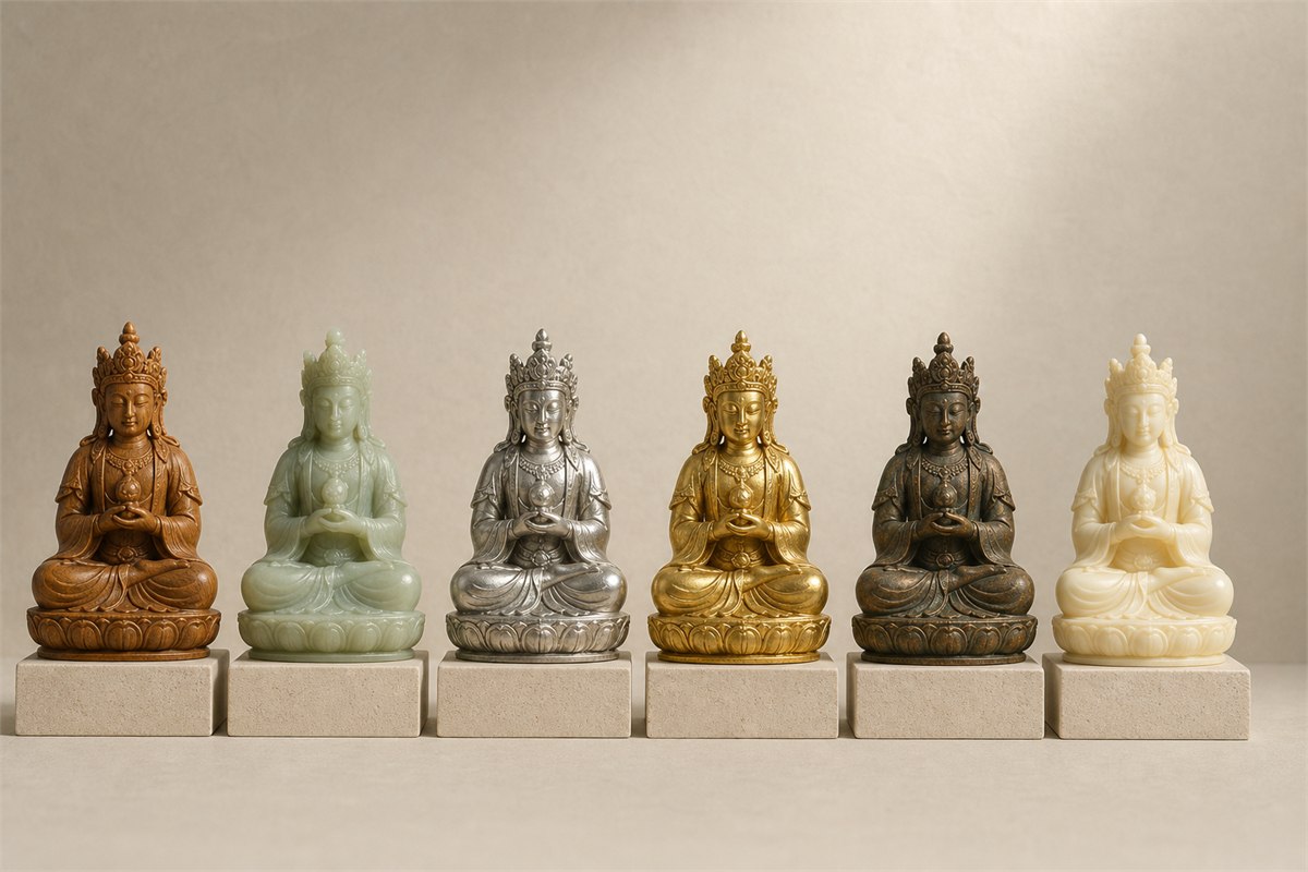 Six bodhisattva study figures in wood, pale stone, silver, gold alloy, bronze, and resin