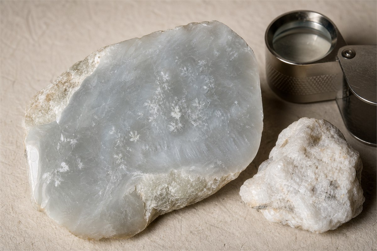 Polished and rough albite-rich Shuimo jade showing cloudy white mineral inclusions