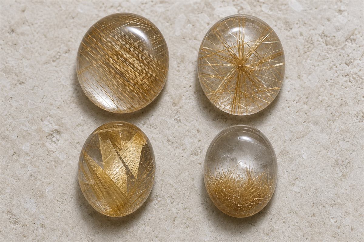 Rutilated quartz beads with aligned needles, scattered firework patterns, plate-like rutile, and concentrated inclusions