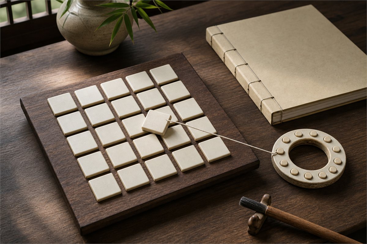 Plain calendar tiles and two opposite branch markers on a wooden date-selection board