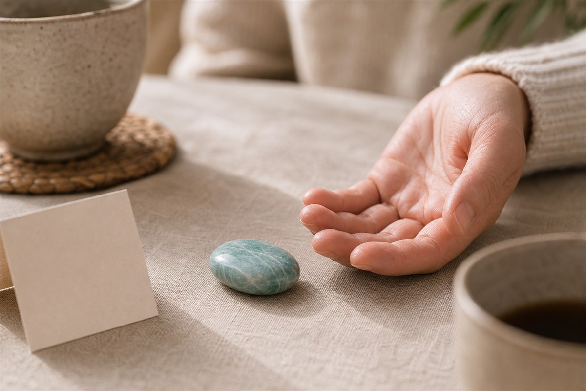 Blue-green amazonite palm stone beside an open hand and two neutral ceramic cups