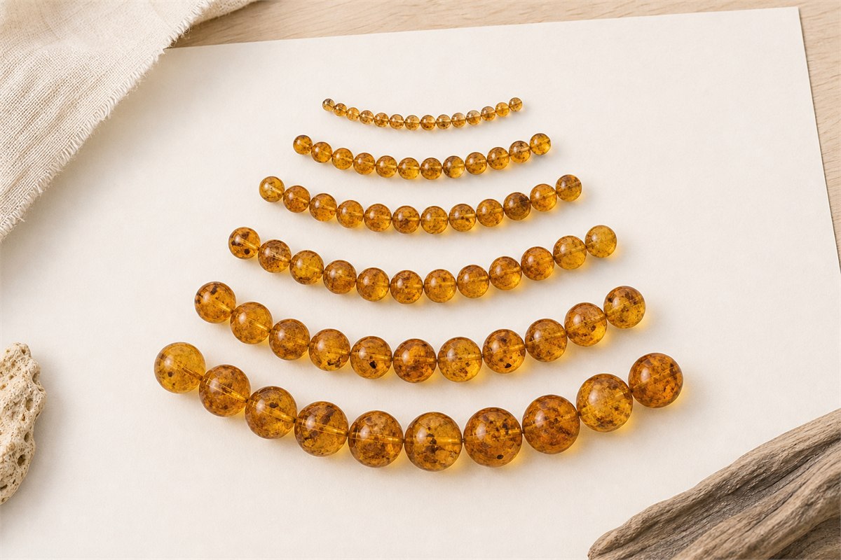 Rows of round amber beads arranged from very small to large on ivory paper.