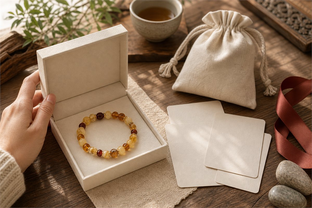 Mixed amber bracelet in an ivory gift box beside blank information cards and a cloth pouch.