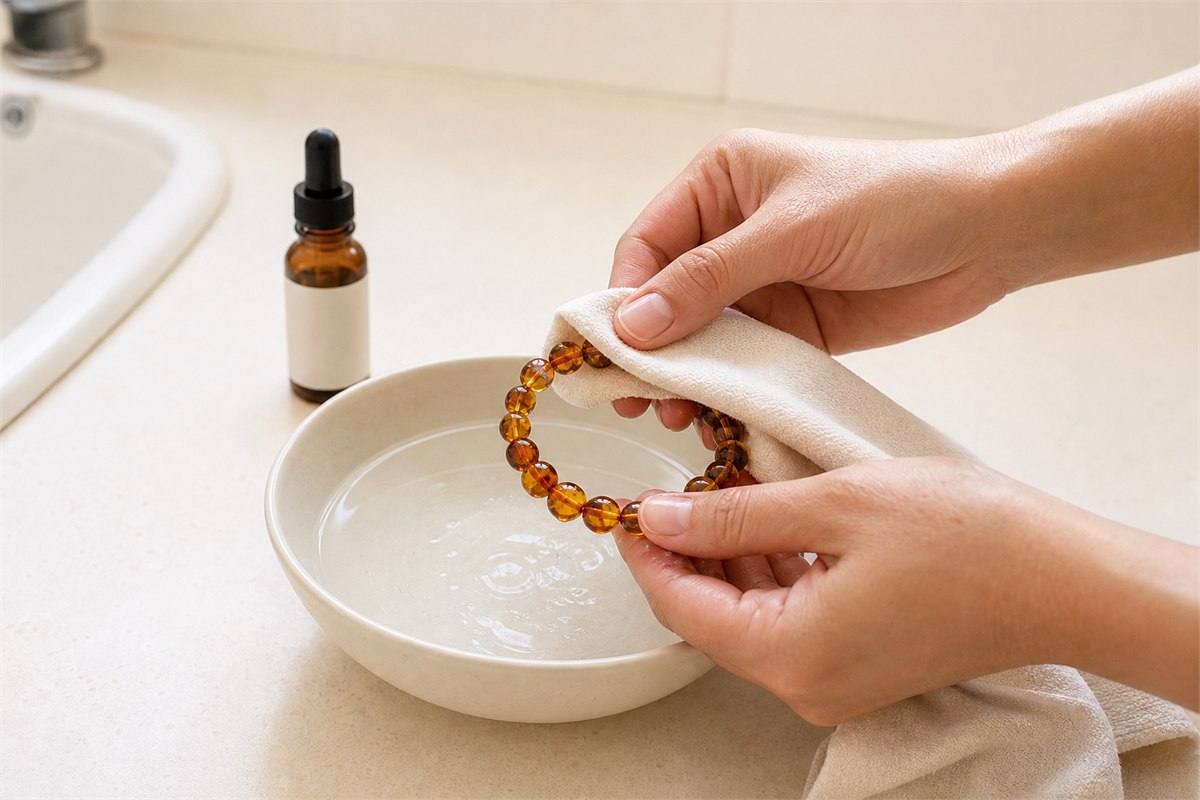 Hands wipe a damp amber bracelet over a shallow bowl with a soft cloth.