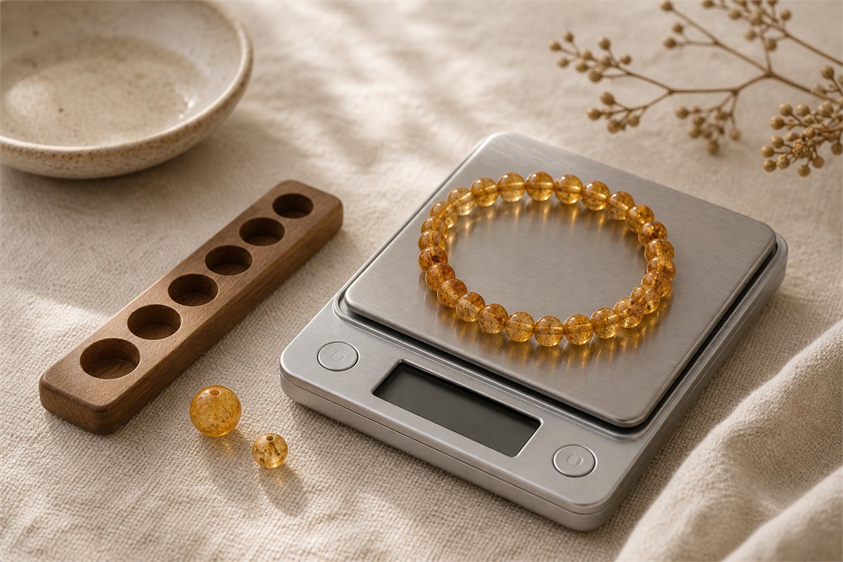 Amber bracelet on a jewelry scale beside a wooden sizing gauge and loose beads.