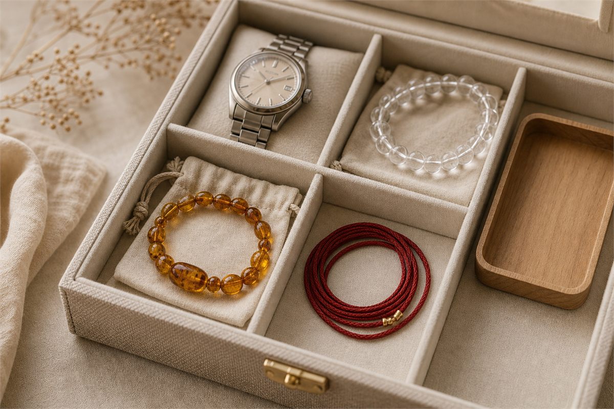 Amber bracelet in its own soft-lined jewelry-box compartment away from a watch and quartz.