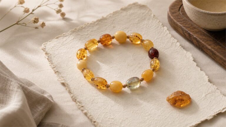 Mixed amber bracelet with golden, waxy, red-brown, and blue-effect beads on ivory paper.
