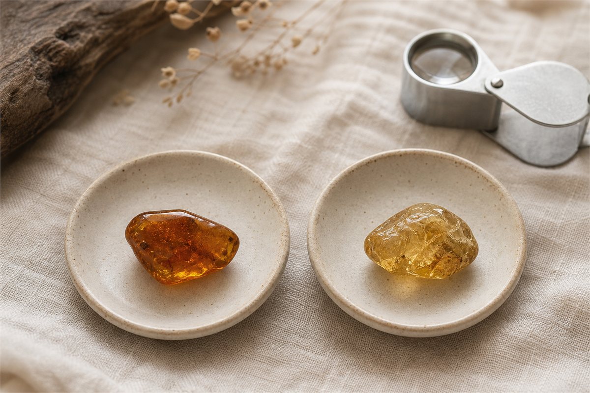 Two natural resin specimens in separate dishes with a jeweler’s loupe nearby.