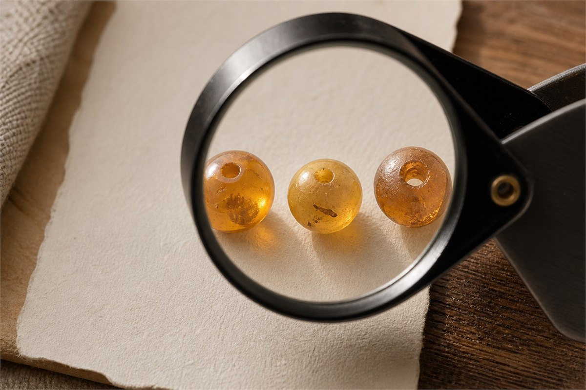 Three amber beads under a loupe showing smooth, worn, and chipped drill-hole edges.