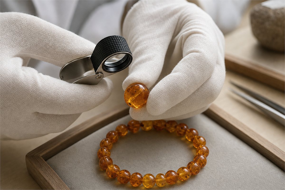 A gemologist examines an amber bead with a loupe over a padded tray.