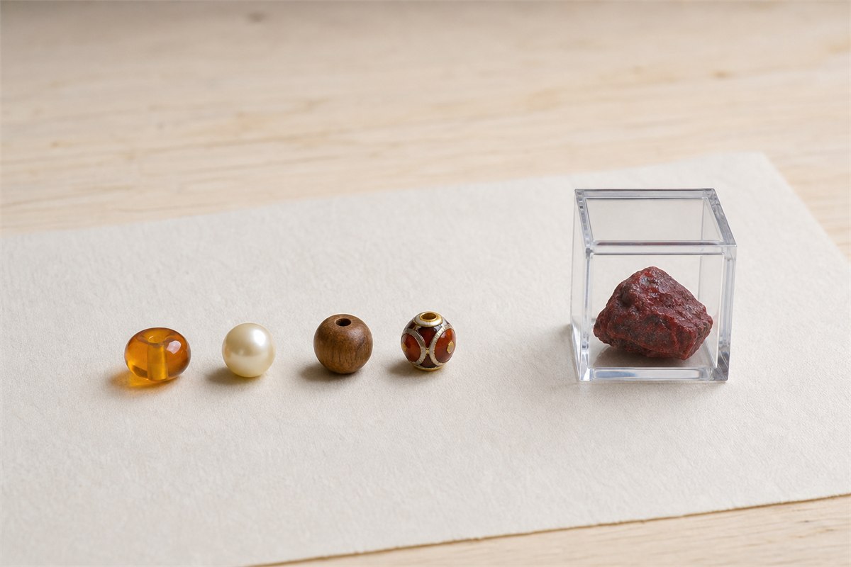 Amber, pearl, wood, and enamel beads beside a cinnabar specimen enclosed in a clear box